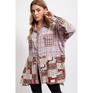Easel Blush Mix N Match Print Button Down Oversized Loose Fit Plaid Shirt